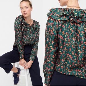 NWT Silk J. Crew Collection Double-Ruffle Collar Mushroom Print Blouse